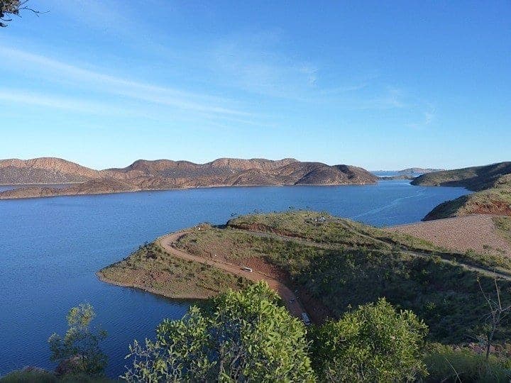 Aerial view of the islands and deep blue water of Lake Argyle