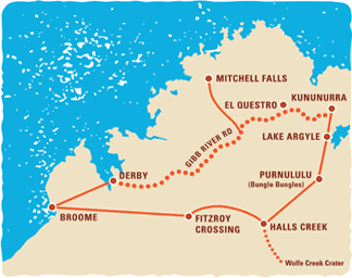 Route map of the 16 day Adventurer tour looping out of Broome across the Kimberley
