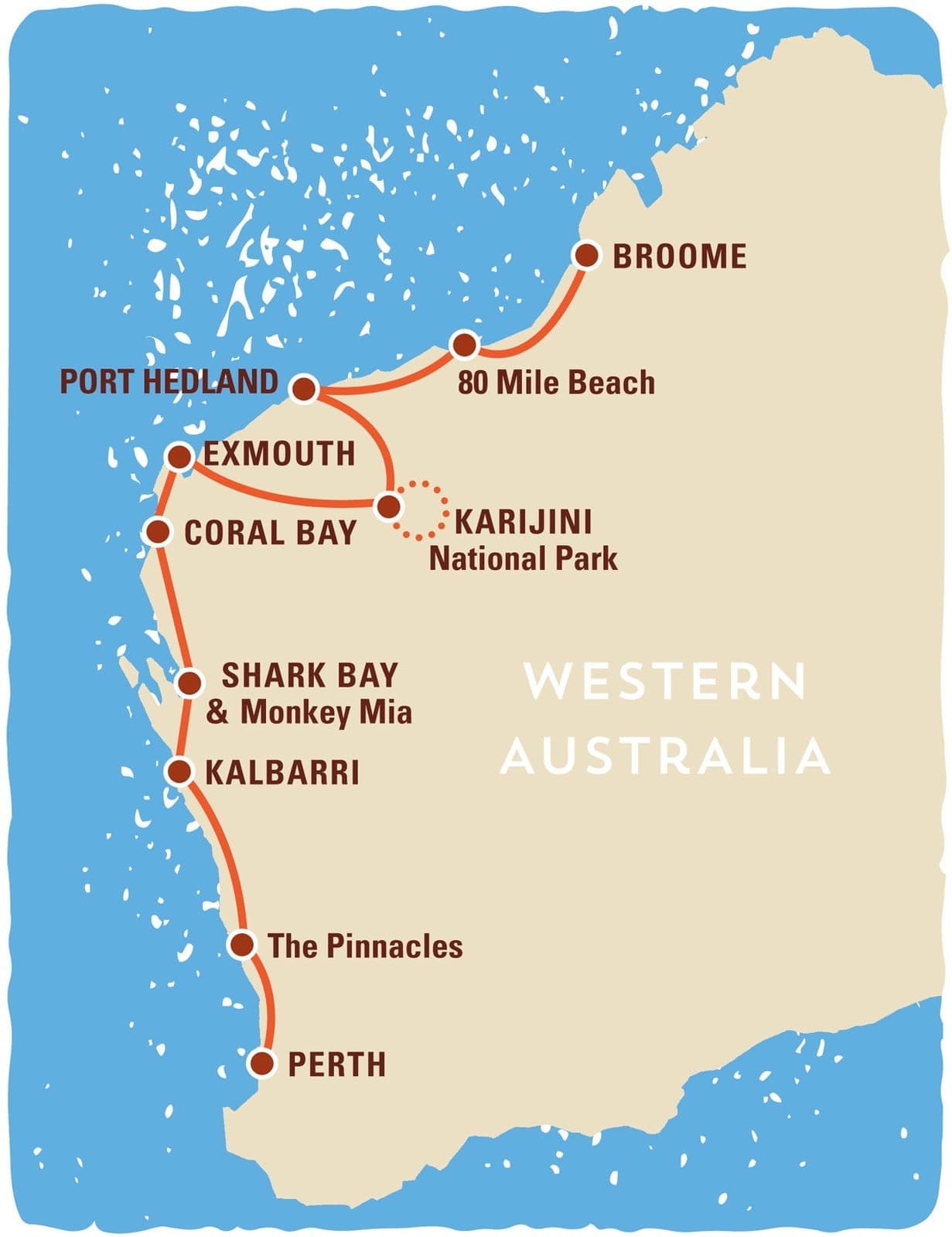 Route map of the 12 day Explorer tour looping out of Broome