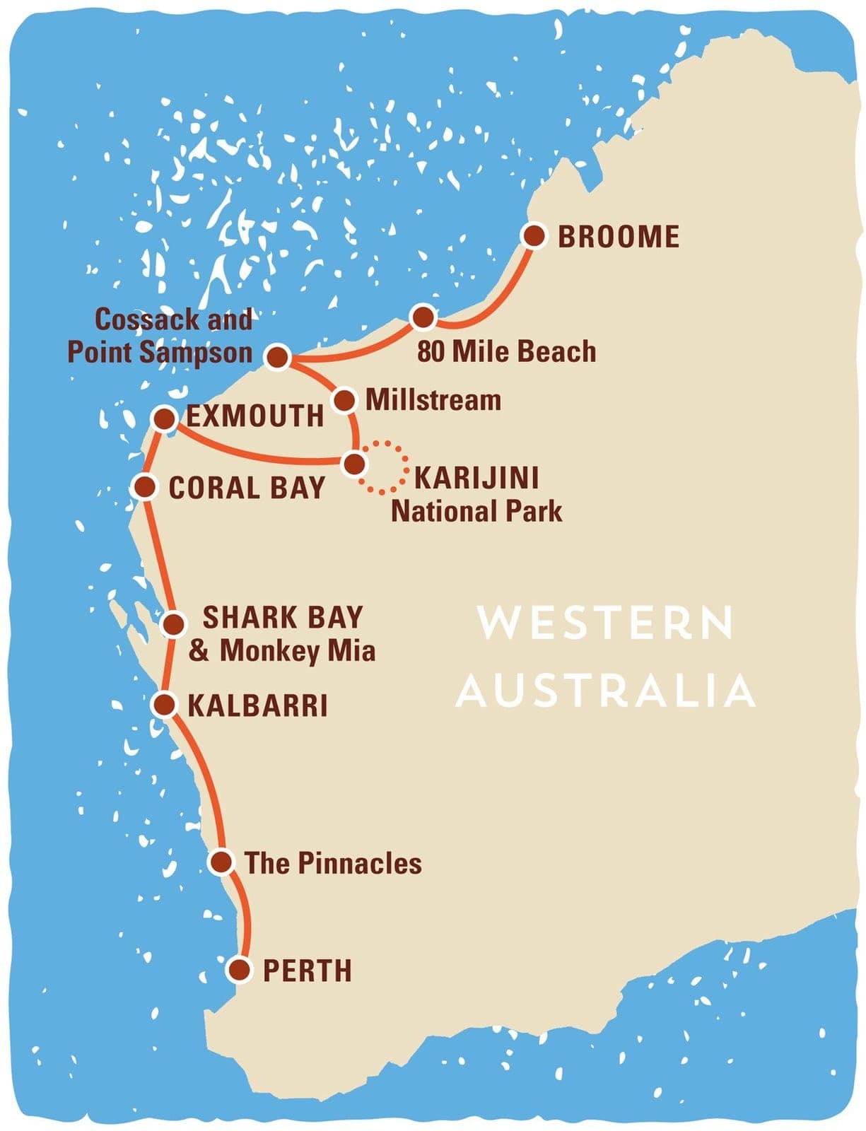 Route map of the 14 day Broome to Perth coastal tour