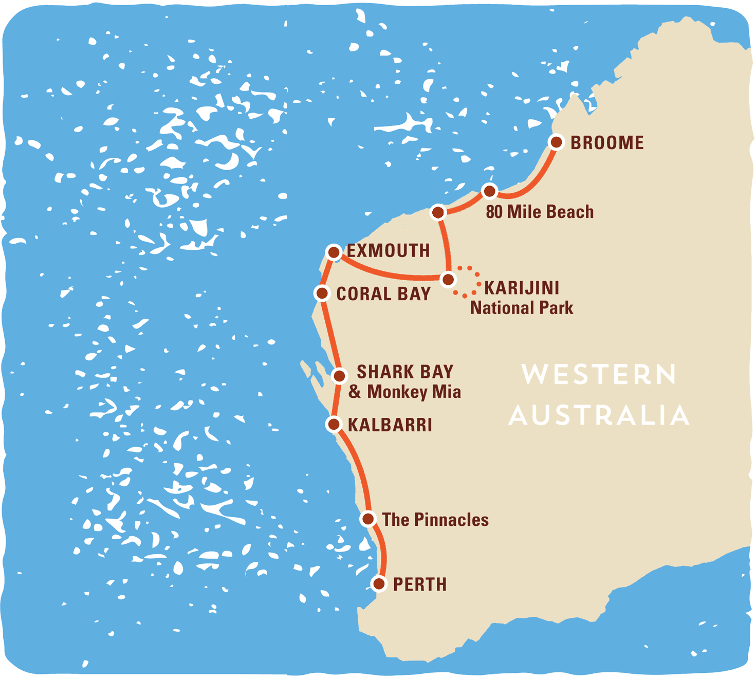 Route map of the 14 day Perth to Broome coastal tour